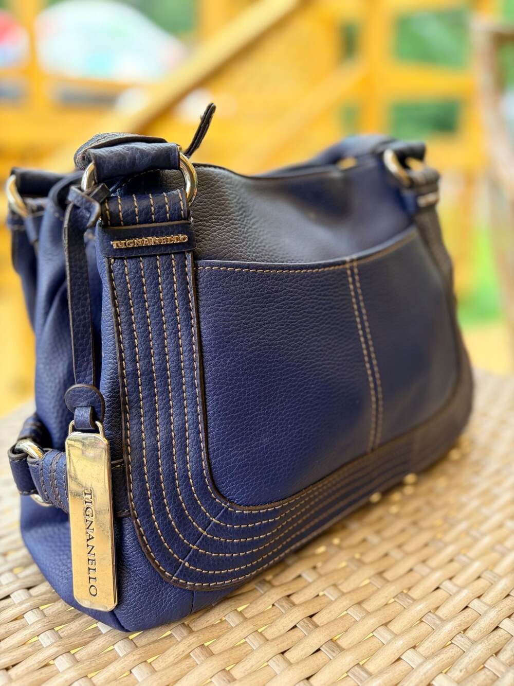 Tignanello Navy Blue Pebbled Leather Multi-Pocket Shoulder Bag
